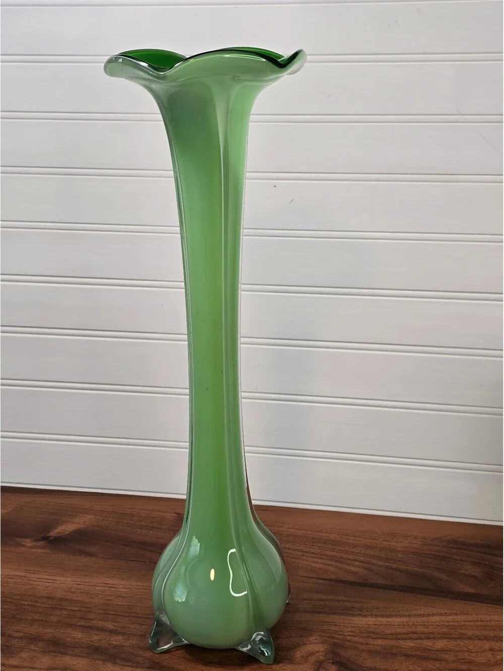 Vintage Green Cased Glass Jack in the Pulpit Vase Mid Century Footed Art Glass